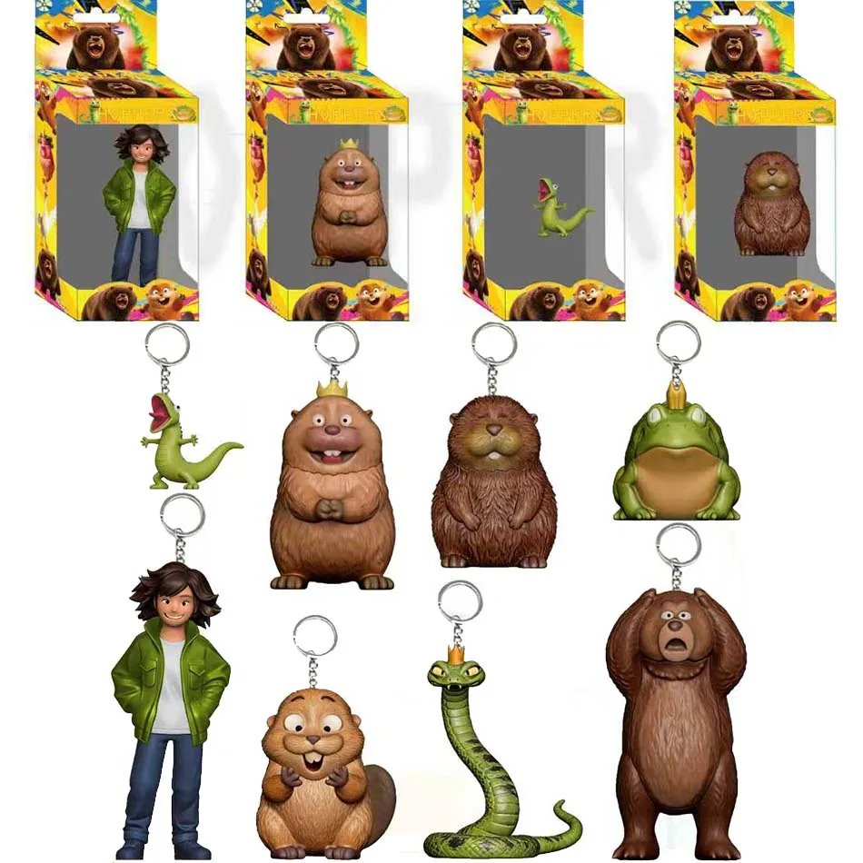 Neues 8-teiliges Cartoon-Schlüsselanhänger-Set mit Königsschlange, Frosch, Biber und Bär aus PVC, Niedliche Tier-Schlüsselanhänger als Taschenanhänger, Geschenk für Kinder