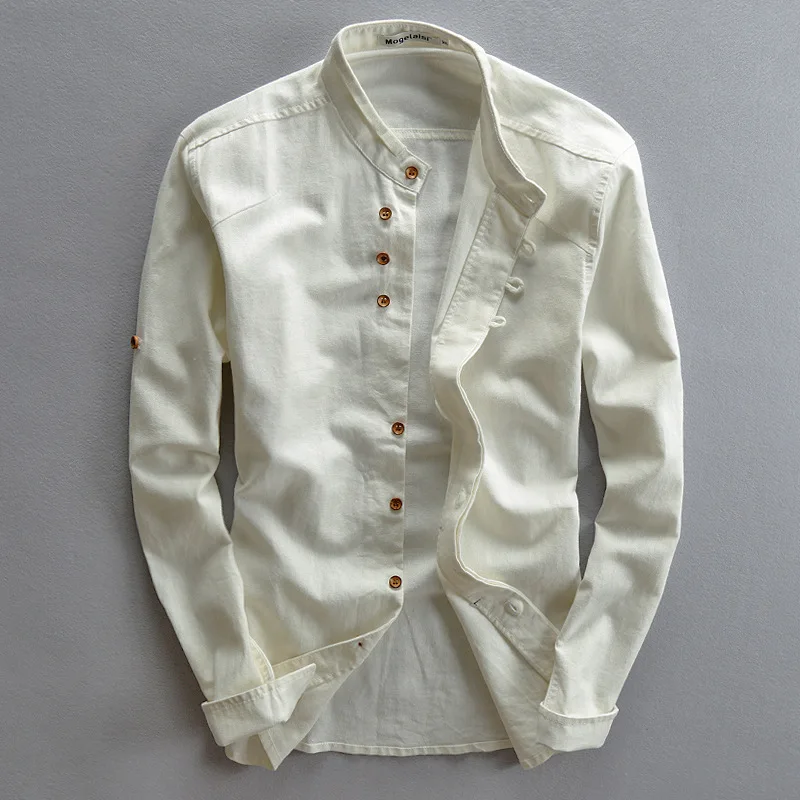 

Japan Style Mens Linen Cotton Shirt Harajuku Stand Collar Long Sleeve Slim Fit Solid Color Breathable Casual Streetwear Tops