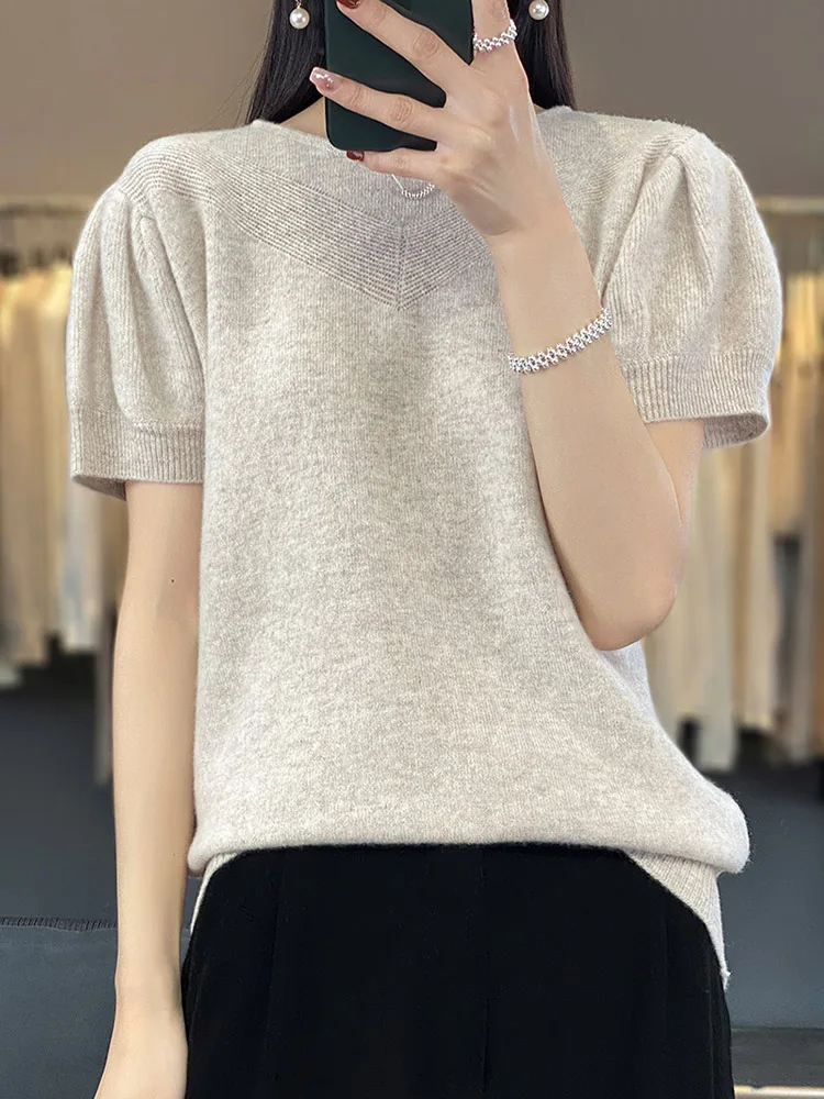 100% Pure Wool Knitted Short-Sleeved Sweater Women' Crew-Neck Jacquard T-shirt Fashion Loose Blouse Apring Summer New Base Shirt