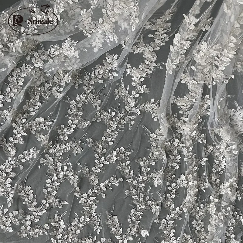 Ivory Luxury Beaded Applique Bridal Lace Fabric Silver Embroidery Flowers and Leaves Sequins High-end Dress Fabric Lace RS3105