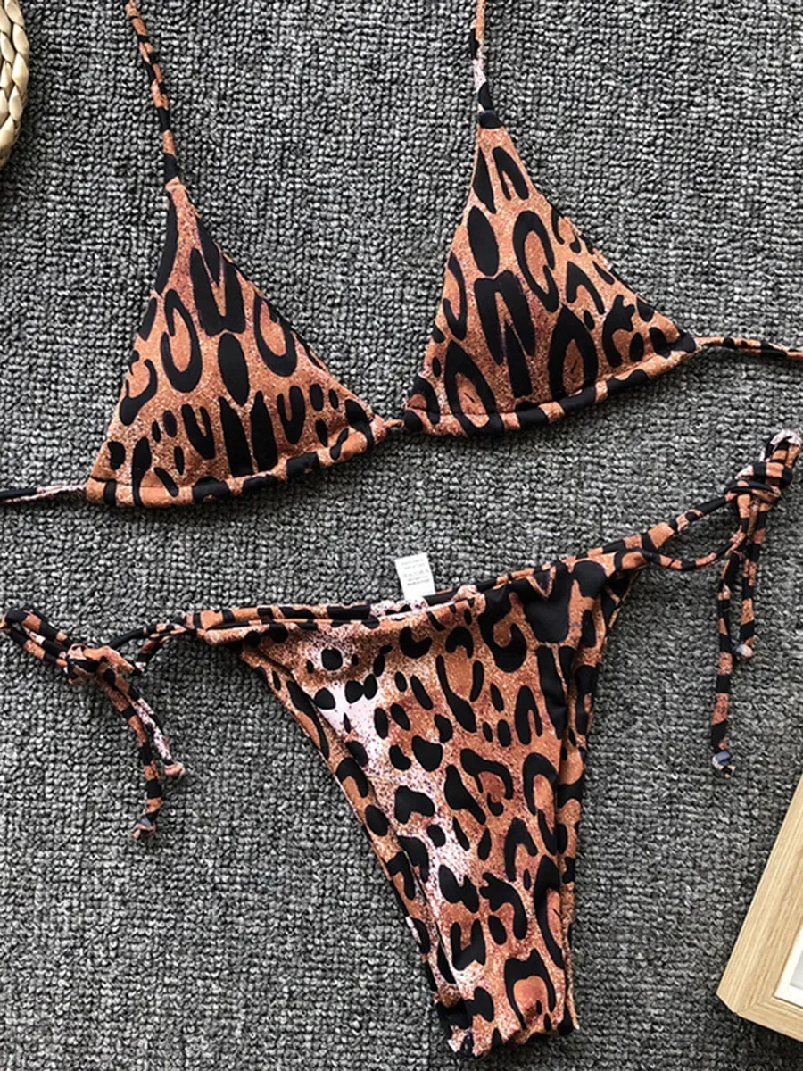 Sexy Leopard Mini Micro String Bikini Women Swimsuit Female Swimwear Two Pieces Bikini Set Halter Bathing Suit Swim Beach Wear