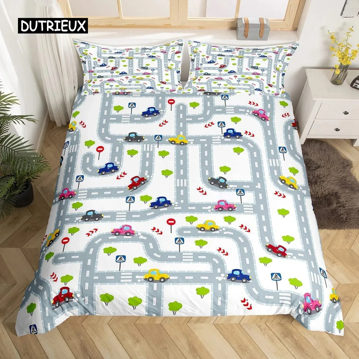 Kids Equipment Trucks Duvet Cover King Boys Cartoon Car Excavator Tractor Bedding Set Construction Highway Comforter Cover Set