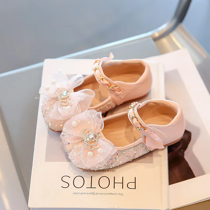 Girls' Glass Shoes 2024 Spring and Autumn New All-matching Diamond Bow Princess Korean Version of Small Shoes for Children