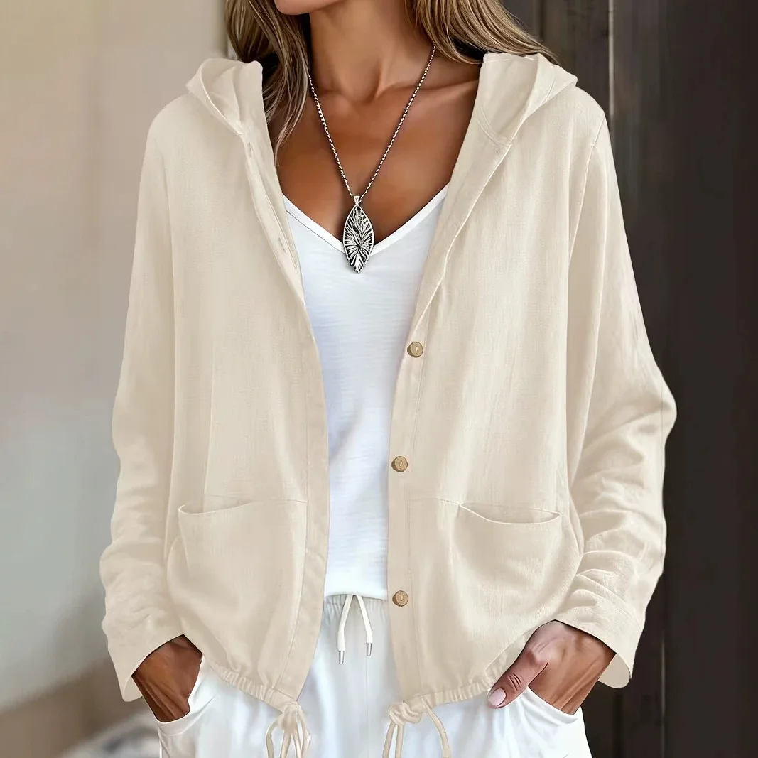 Women Hooded Jacket Button Down Long Sleeve Drawstring Hem Casual Cardigan Coat with Side Pockets Daily Vacation Outerwear