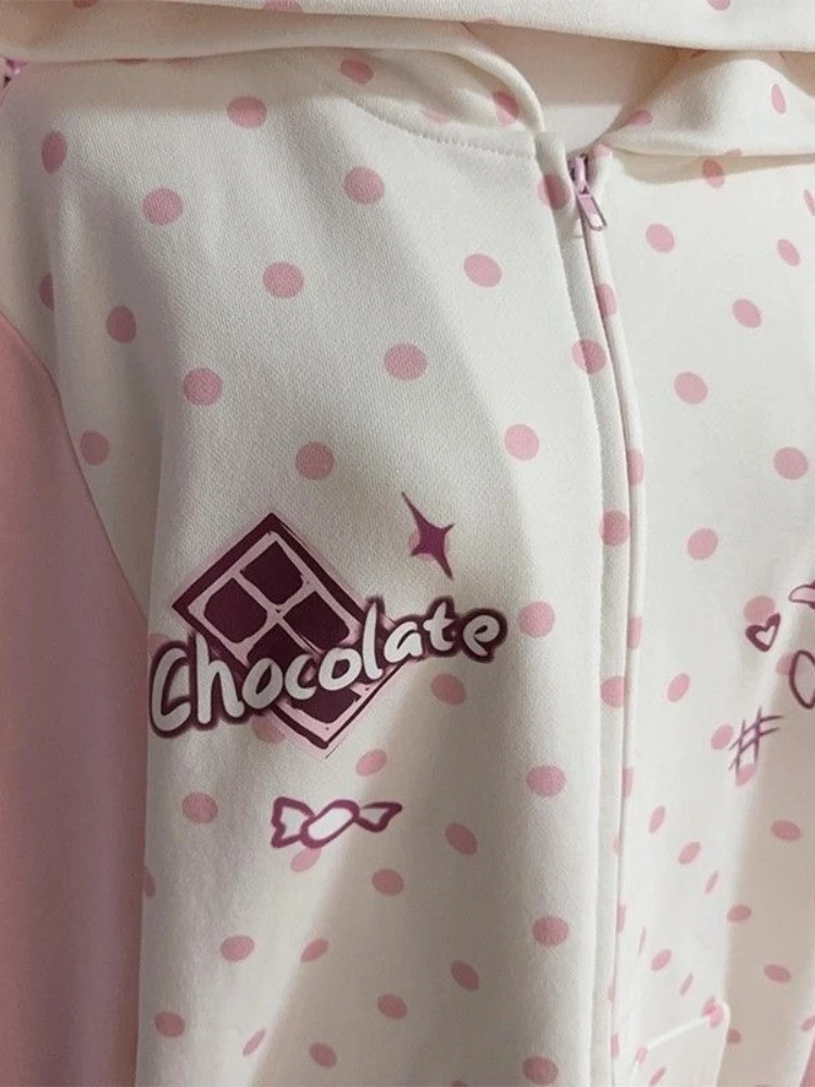 الخريف Kawaii فضفاض الوردي معطف طويل الأكمام المرأة تصميم الحلو سستة البولكا نقطة مقنعين اليابانية الدافئة جميل موضة البلوز #3