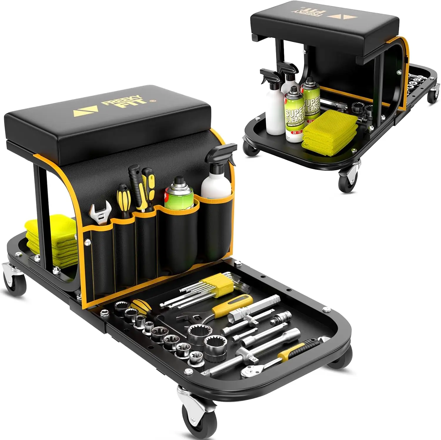 

Rolling Shop Stool with Wheels, Tool Tray Storage for Garage, Workshop, Home, DIY, 300 LBS Capacity in Yellow