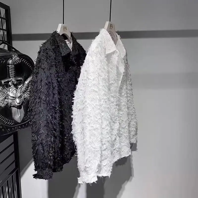 Fall 3d Feather Men Long Sleeve Shirts Korean Fashion Highstreet Personality All-match Loose Blouse Couple Clothing Black White