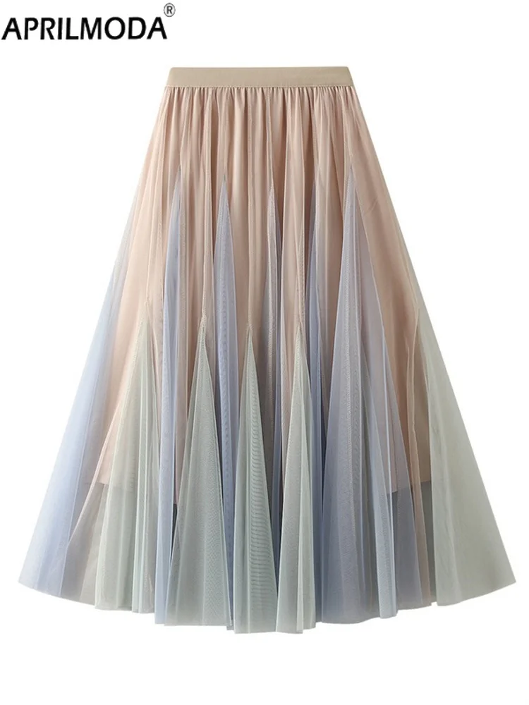 

2025 Elegant Autumn Spring Vintage Tulle Skirt Women Elastic High Waist Mesh Skirts Female Jupe Longue Long Pleated Tutu Skirt