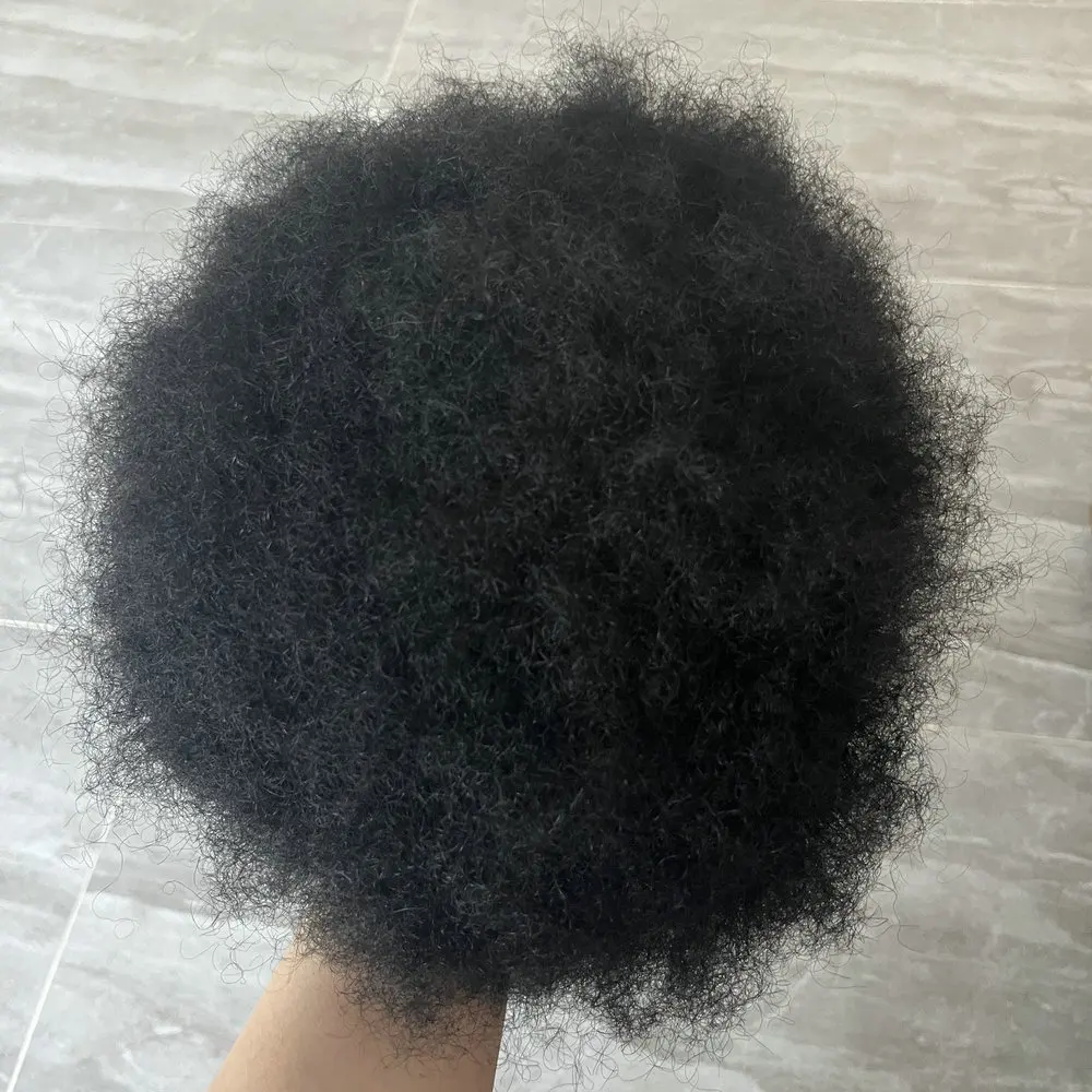 Afro-Haarteil für Männer, 4 mm/6 mm, lockig, super langlebig, aus Mono-Mesh und PU, braun, schwarz, aus Echthaar, atmungsaktives Haarteil-System. – Detail 2