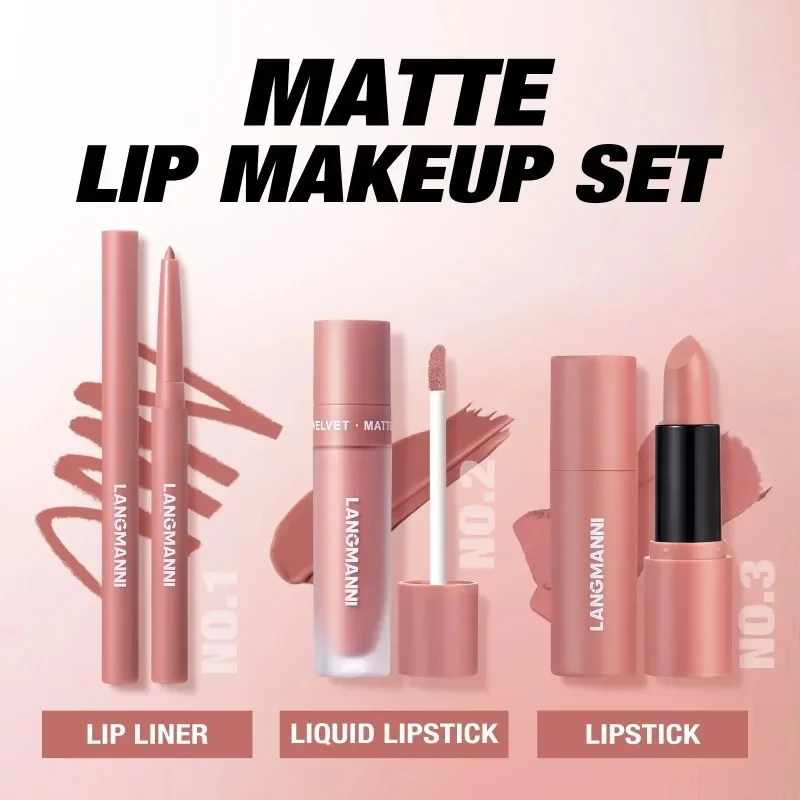 3 STKS Matte Lippenstift Set Naakt Bruin Fluwelen Vloeibare Lipgloss Waterdichte non-stick Cup Lip Liner Voller 24HR Blijvend Niet Gemakkelijk Vervagen