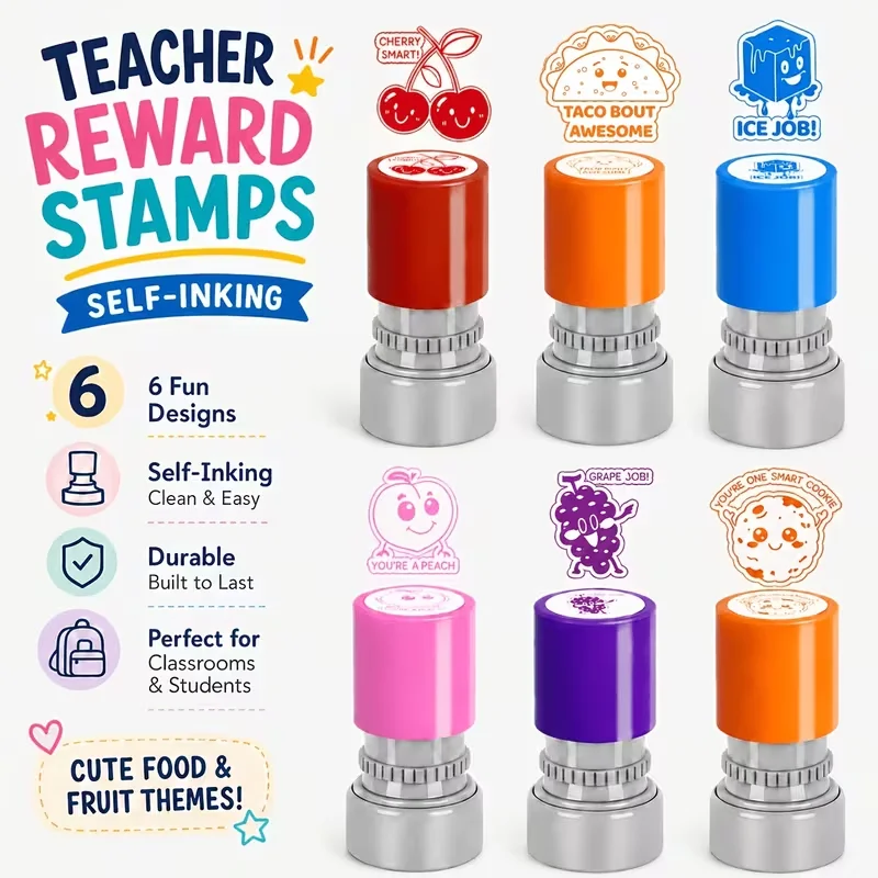 6 Pcs Fruit Teacher Seals For Classroom Self Printed Rubber Colored Seals Grading Homework Testing Motivation Student Supplies