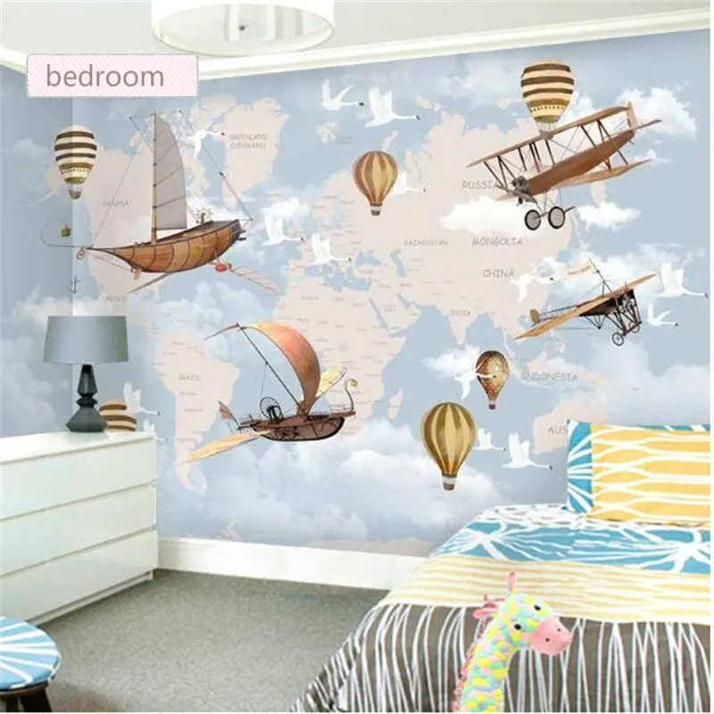 

Air Travel Around The World Spaceship Wall Paper 3D Balloon Children's Room Background Mural Wallpaper 3D Wall Papers Home Decor