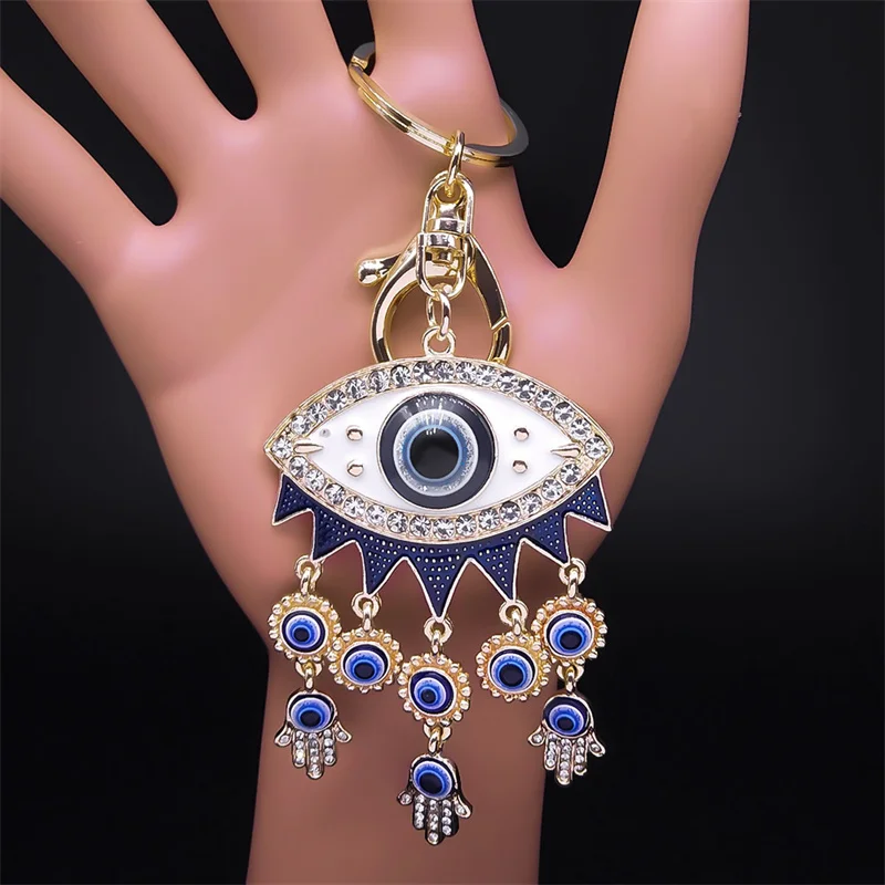 Turkish Lucky Blue Eye Keychain for Women Men Gold Color Metal Hamsa Hand Pendant Charms Bag Car Key Chain Ring Jewelry K9027S01