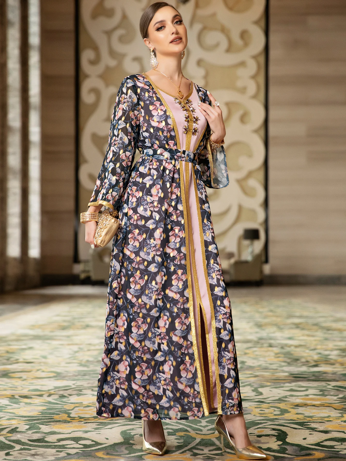 Fashion Pure Handwork Diamonds Muslim Kaftan For Women 2 Piece Suit Flower Printed Full Sleeve Sashes Elegant Turkish Long Dress