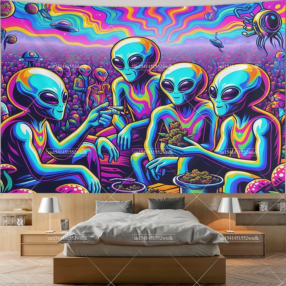 Alien UFO Tapestry Wall Hanging Mushroom Flowers Scenic Tapestries Aesthetic Bedroom Decor Cartoons Tapestrys Art Posters