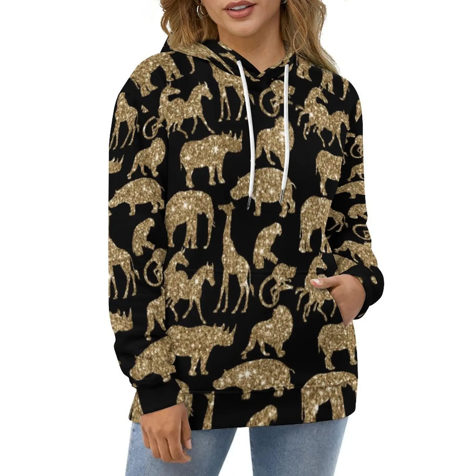 Wild Animal Hoodies Golden Glitter Print Classic Oversized Hoodie Couple Long Sleeve Elegant Pattern Casual Sweatshirts