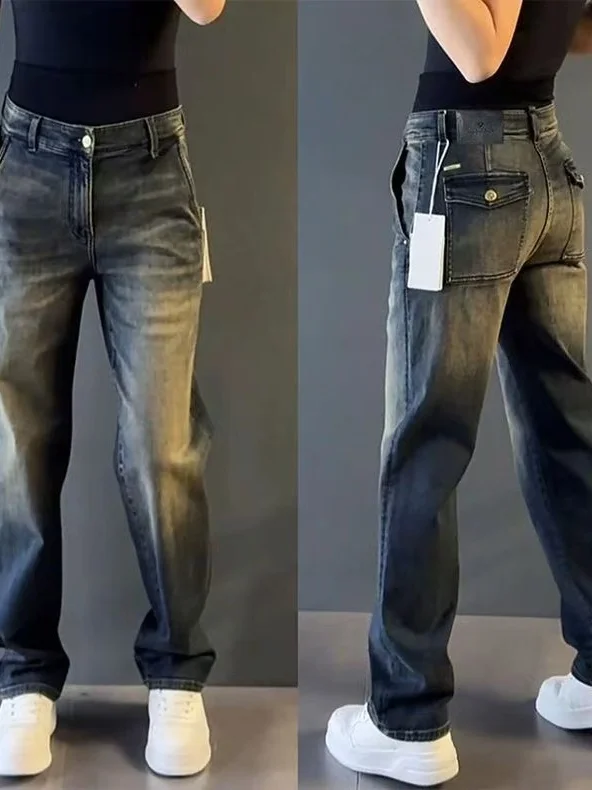 

Модные мужские джинсы с прямыми штанинами, повседневные универсальные джинсовые брюки с высокой талией в стиле ретро на осень-зиму, износостойкие, нержавеющие