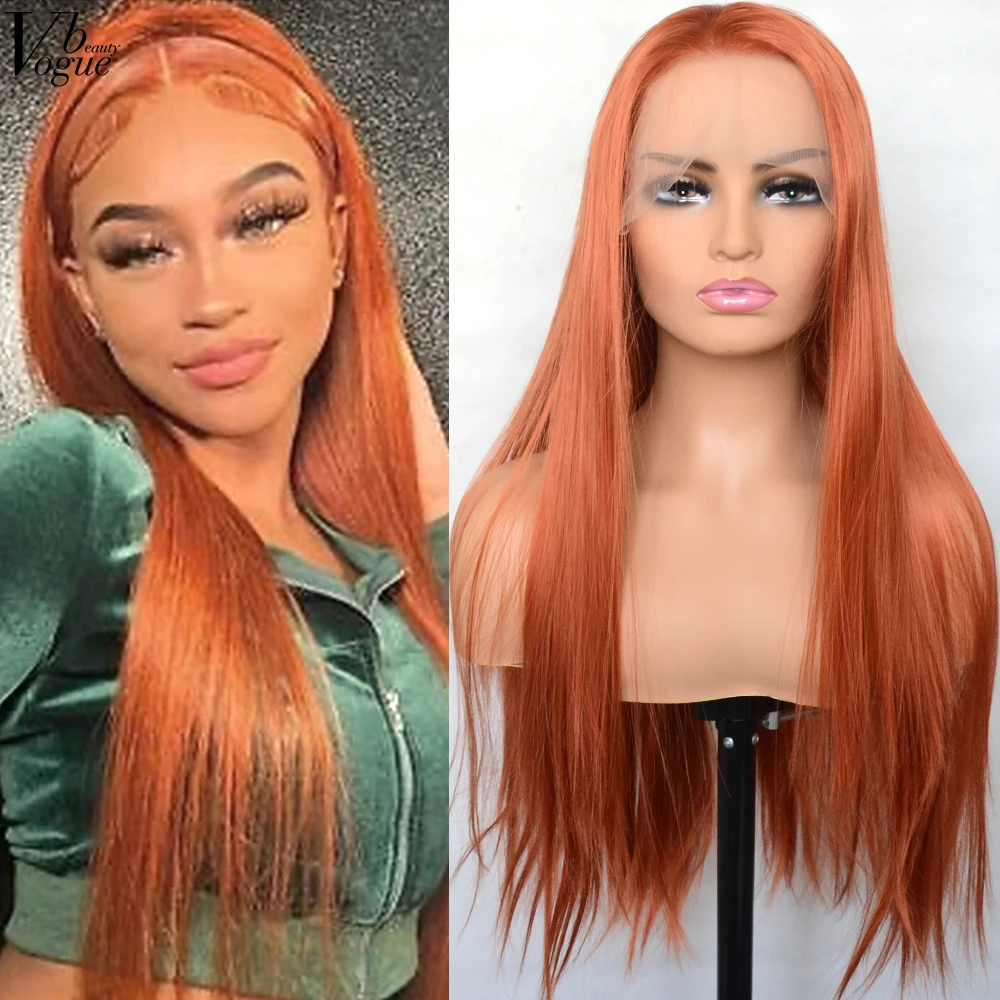 Voguebeauty Copper Red Lace Front Wig Long Straight Ginger Synthetic Hair Replacement wigs for Women