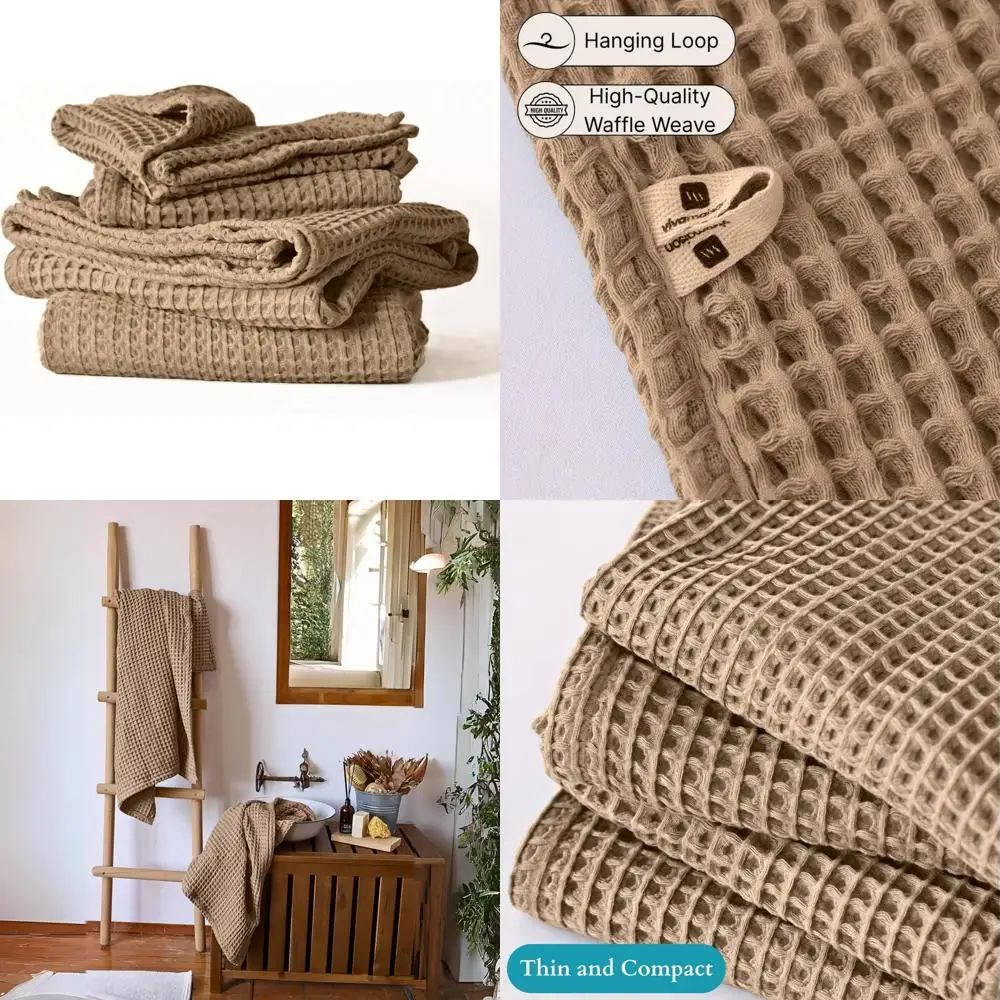 

Luxury Turkish Cotton Waffle Weave Bath Towel Set - 4 Piece Hand and Bath Towels in Brown for Bathroom