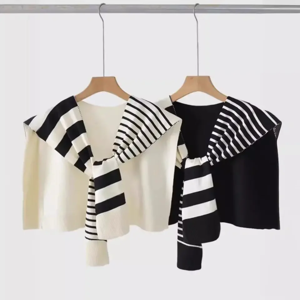 

New Versatile Stripes Shawl Lightweight Detachable Neck Casual Plus-Sized Knitted Wrap for Women