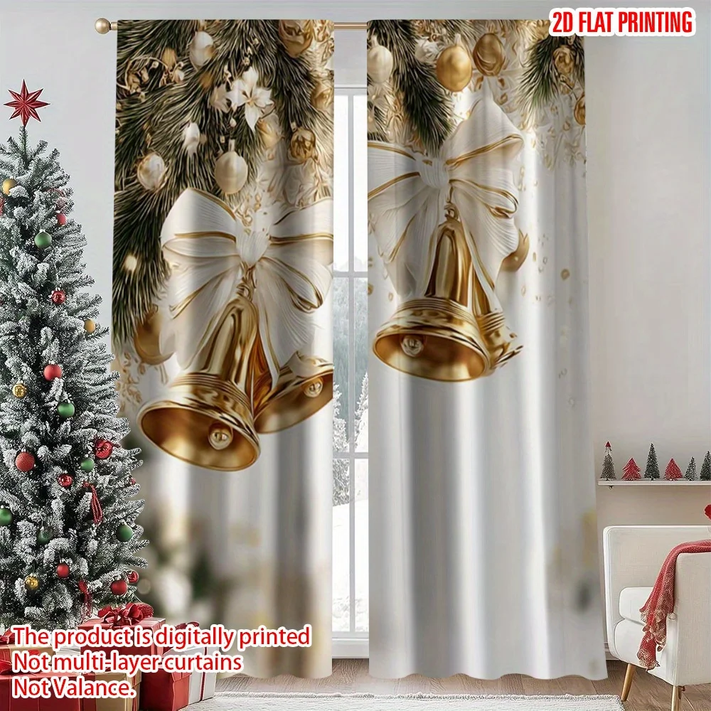 

2pcs Vintage Christmas Clock Curtains – Featuring Golden Bells Design, Perfect for Festive Holiday Decor in Bedroom or Kitchen