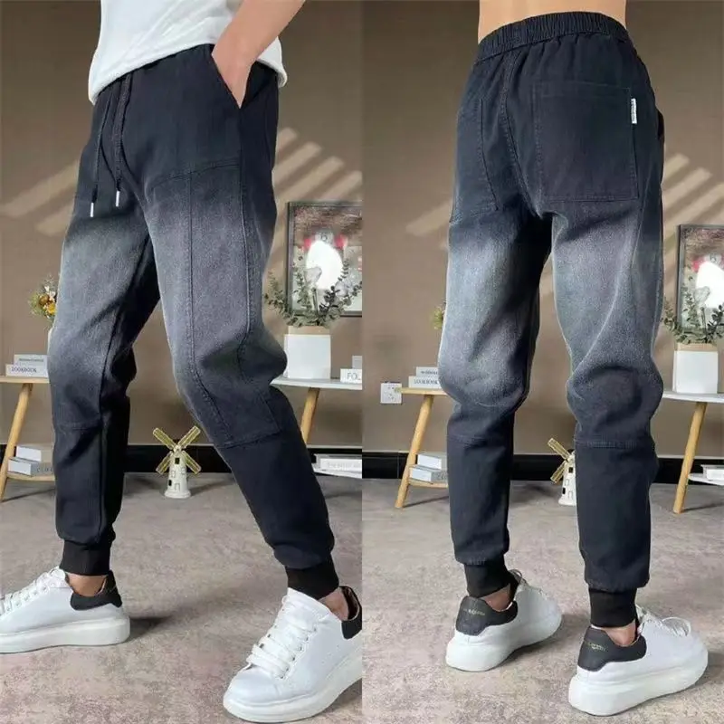 Fashion Autumn New Arrival Gradual Change Men's Jeans Drawstring Casual  Tapered Legs Cargo Gradient Harajuku Denim Jeans Man