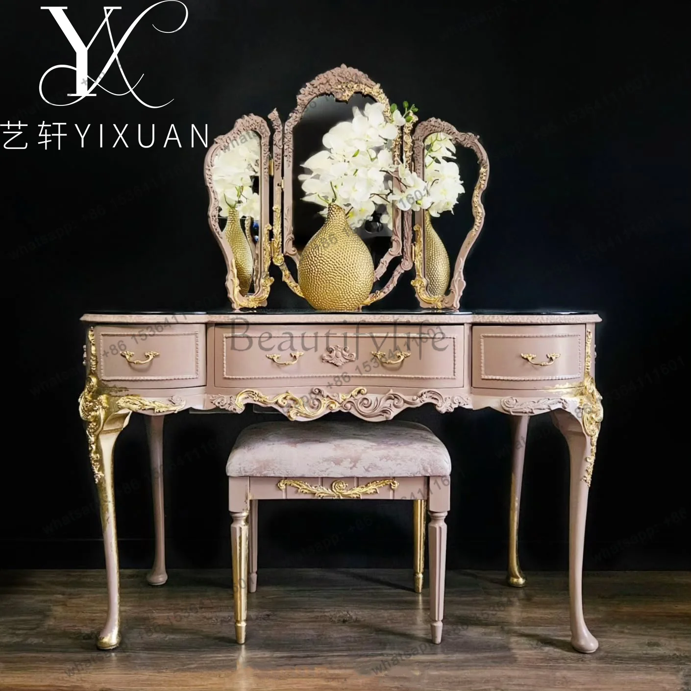 XX European luxury dressing table with mirror with makeup stool engraved pink purple makeup table