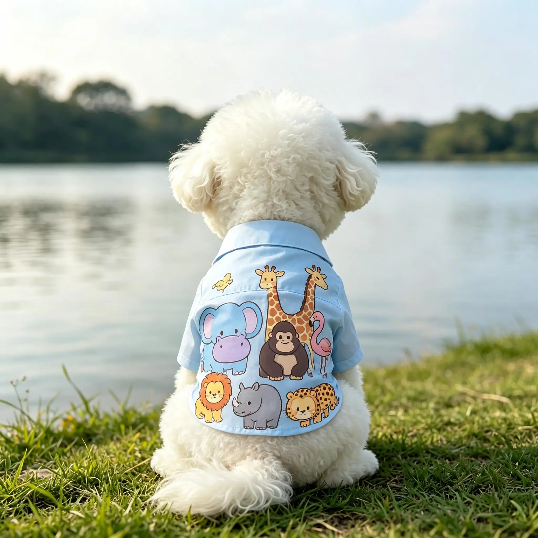 Camisa para perros, de color azul claro, con estampado de animales salvajes y motivos de dibujos animados, transpirable, con botones, para perros pequeños y medianos, con un diseño adorable de temática safari, ideal para el uso diario.