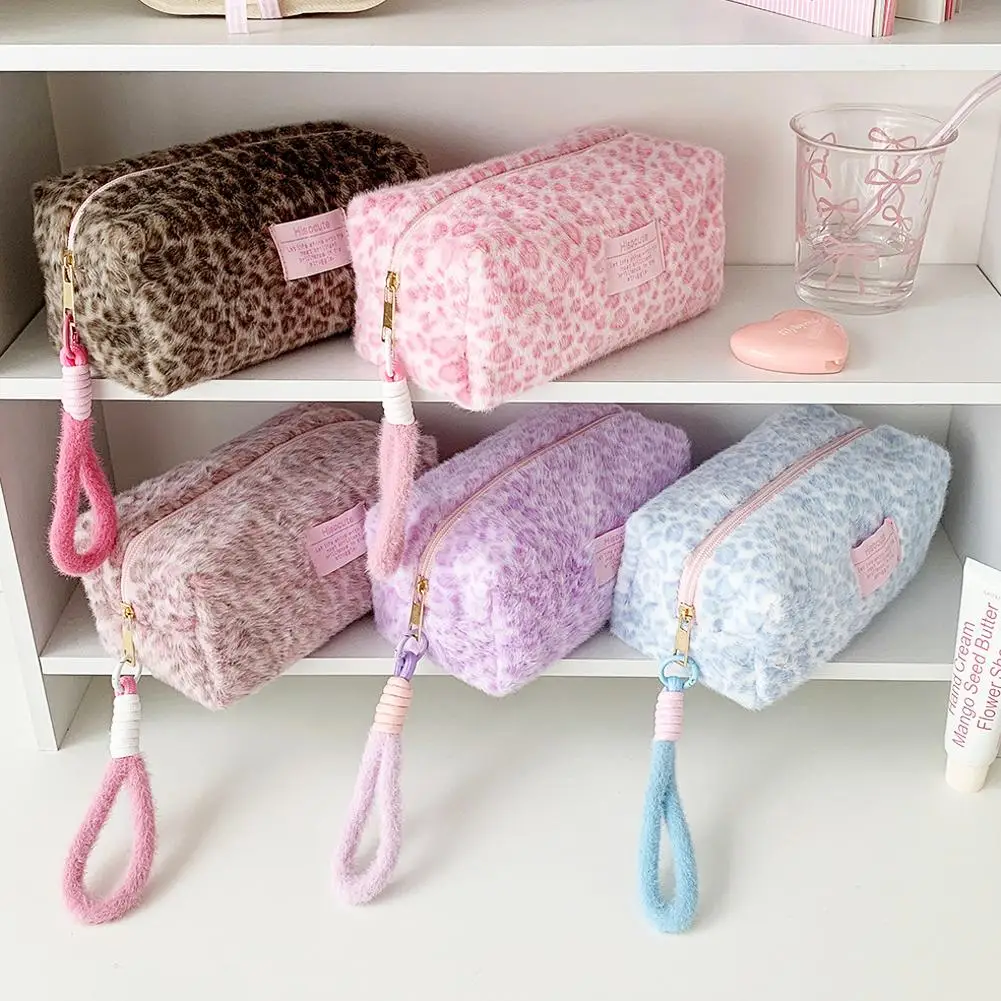 Leopard Print Plush Makeup Bags with Handle Portable Travel Cosmetic Storage Bag Toilet Bag Cute Pencil Case Fashion Handbag image 5