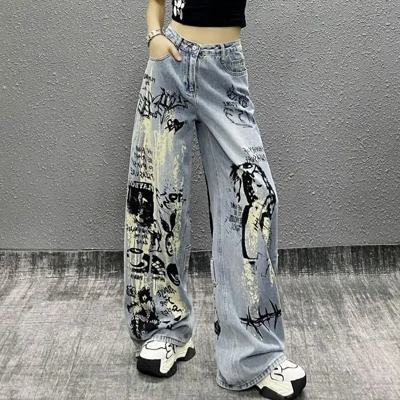 Summer Print High Waist Loose Slim Straight Leg Pants Handsome Spray Paint Splash-ink Design Washed Jeans for Women's Pants