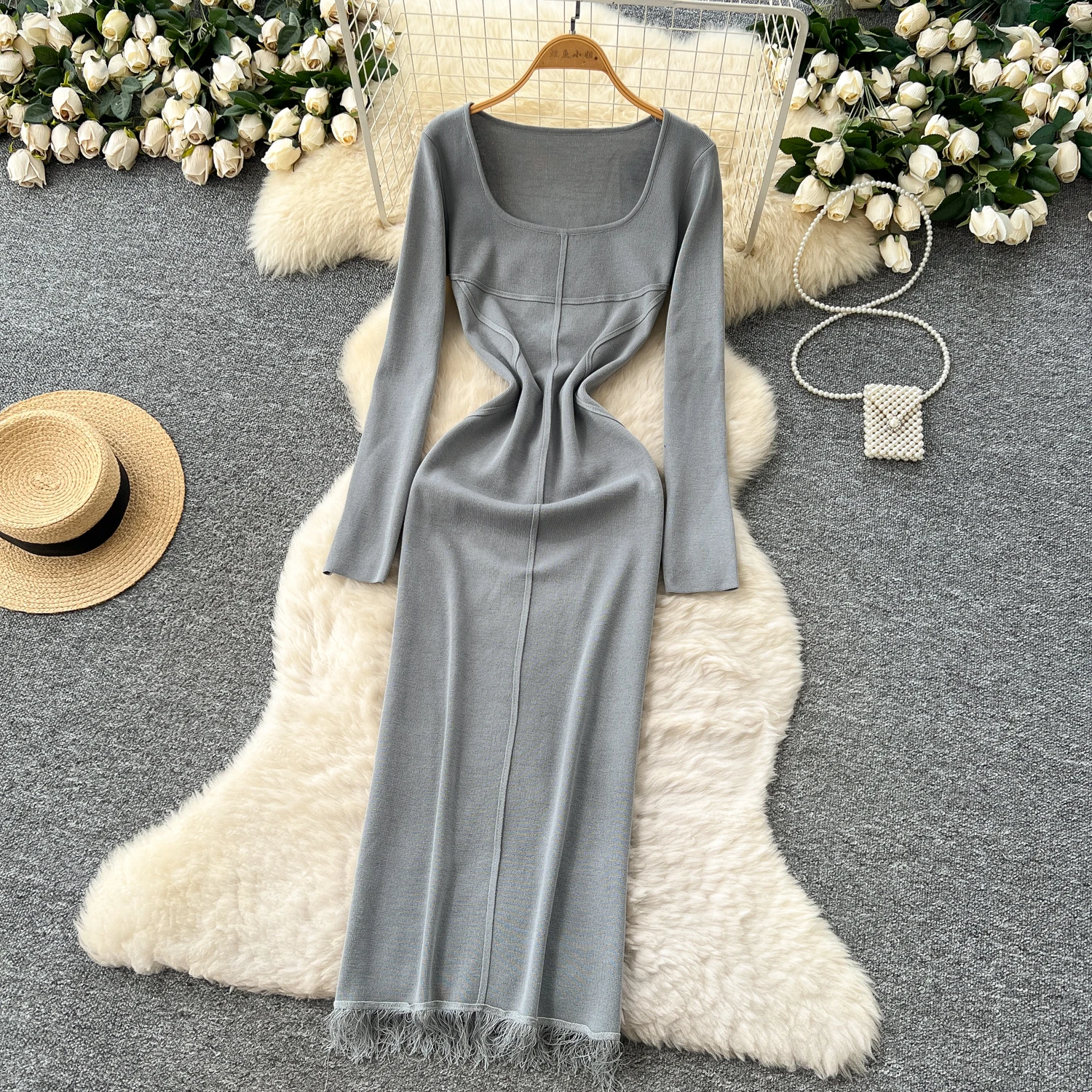 시크한 빈티지 태슬 장식 긴팔 니트 슬림핏 우아한 요정풍 한국 패션 보헤미안 선드레스 여성 의류 드레스