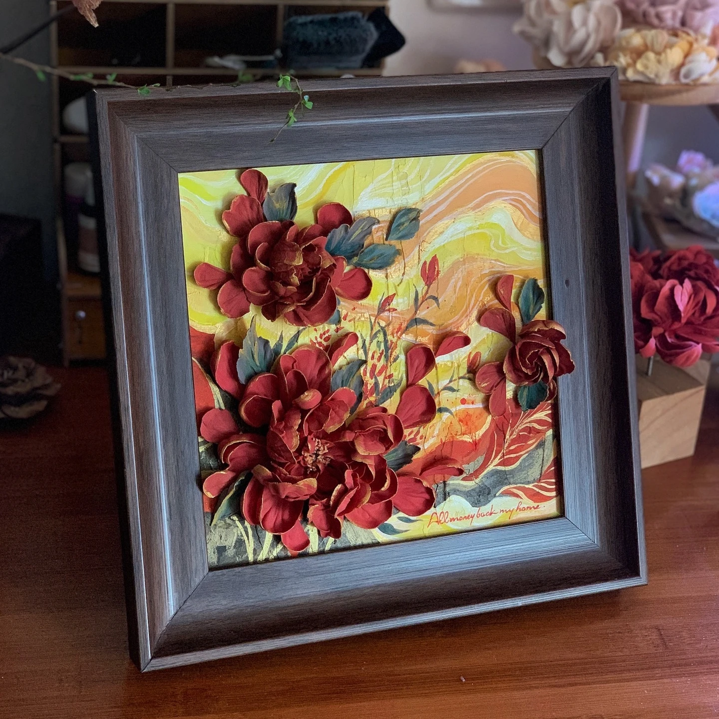

0073 Handmade Clay Flower Embossed Painting 3D Sunset Roses Wall Art Acrylic Oil Painting Unique Home Decor Gift Idea for Living