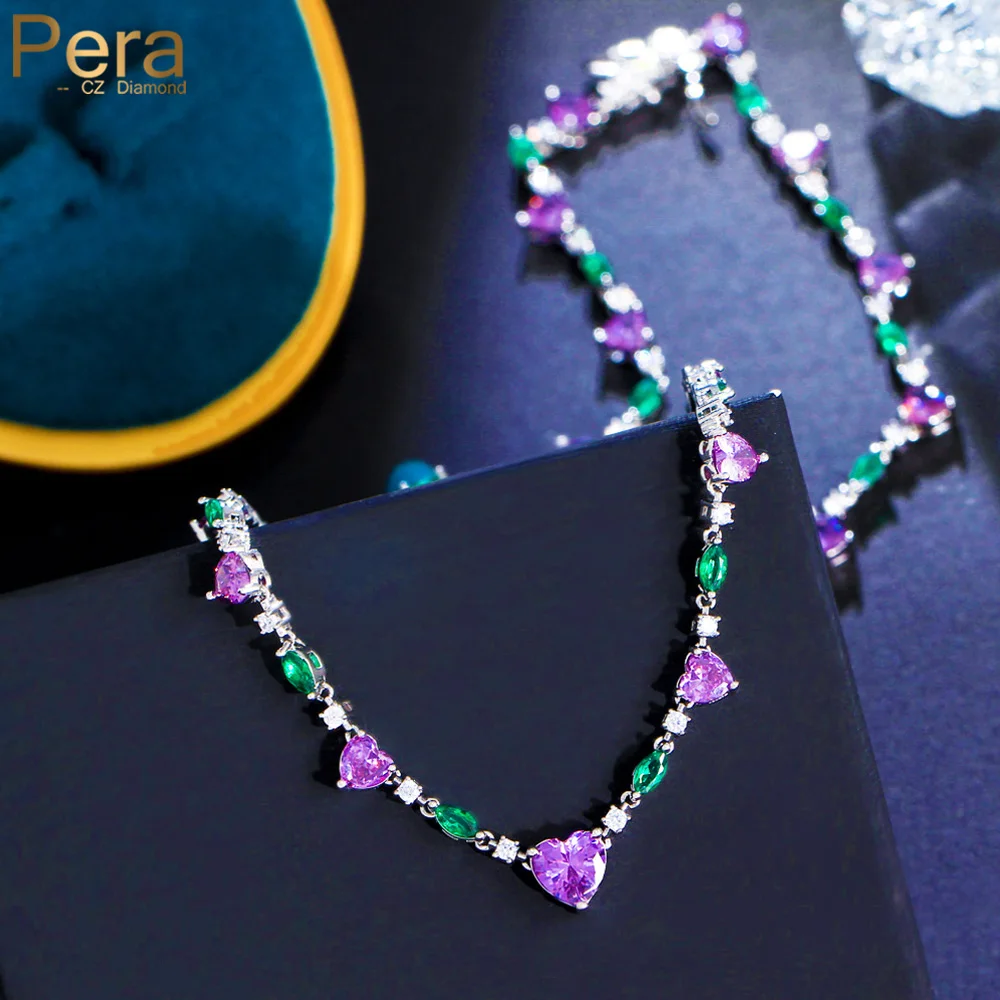 

Pera Fashion Silver Color Wear Jewelry CZ Zircon Purple Green Clavicle Chain Heart Necklaces for Women Birthday Party Gift P053