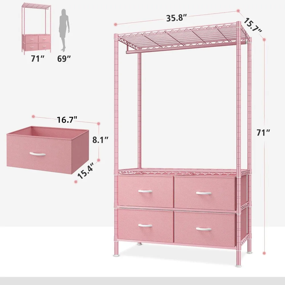 رف ملابس معدني محمول عالي التحمل مع أرفف و4 أدراج، مثالي لتعليق وتخزين الملابس باللون الوردي