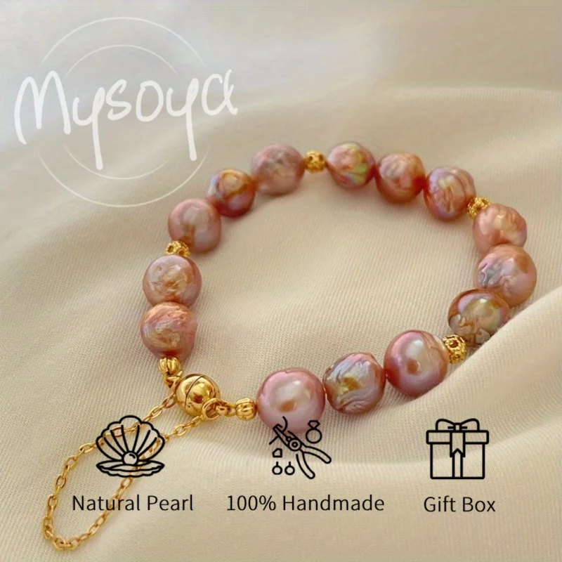 

MYSOYA 9-11 мм натуральный розовый браслет из пресноводного жемчуга в стиле барокко с подарочной коробкой для женщин и мужчин подарок на день рождения, свадьбу, годовщину