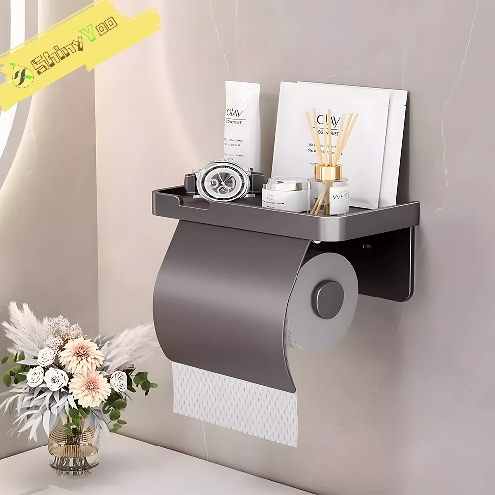 

Toilet Paper Holder with Shelf,No Drilling Tissue Roll Holder Wall Mount,Multifunctional Bathroom Paper Holder Storage Dispenser