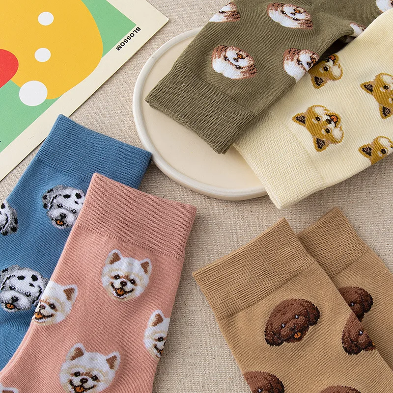 Cute Cartoon Dog Middle Tube Sock Women Ins Creative Female Sokken Printed with Shiba Inu Dalmatian Malzis Teddy Pomeranian Drop