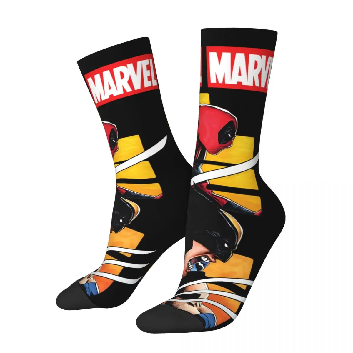 Heroes Fighting Sock for Men Hip Hop Harajuku Marvel X-man Deadpool & Wolverine Happy Seamless Pattern Printed Boys Crew Sock