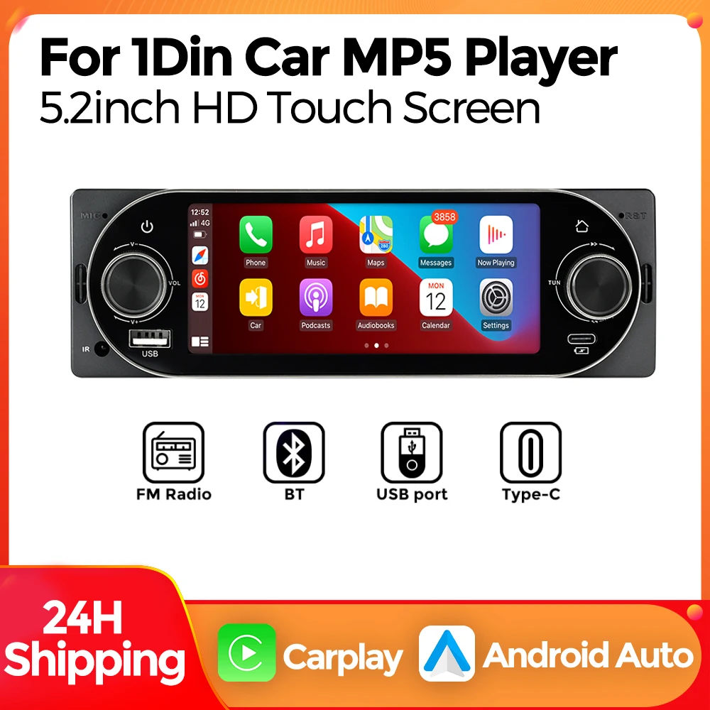 MEKEDE 1Din 5.2 Inch Wired Wireless Carplay Android Auto Car Radio Multimedia Video MP5 Player Universal Stereo BT Type-c USB FM
