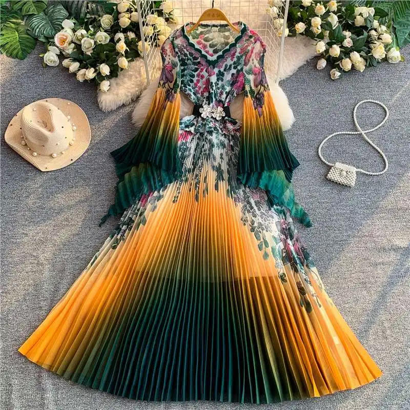 Miyake Gradual Change Print Dress Women's High Sense V Neck Long Sleeve Slim A Skirt High Waist Big Pendulum Pleated Dress
