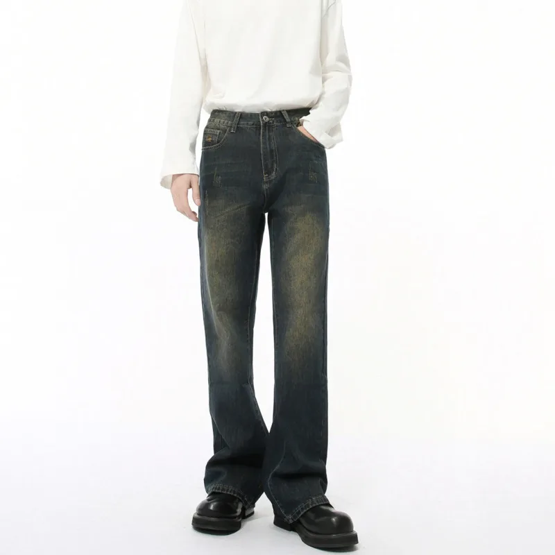 2025 Spring Men's Wear Jeans American Vintage Washing Solid Color Versatile Wide Leg Male Denim Pants Trend Flare Jeans