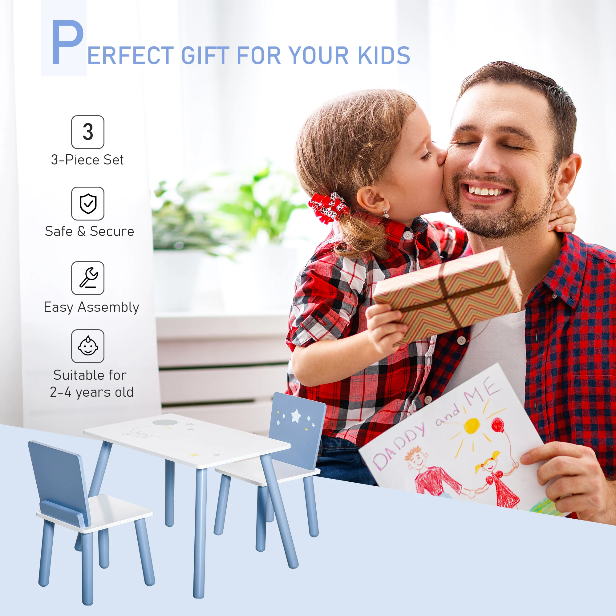 HOMCOM 3 Pcs Kids Table & Chairs Set with Wood Legs Safe Corners Cute Stars Seating Blue