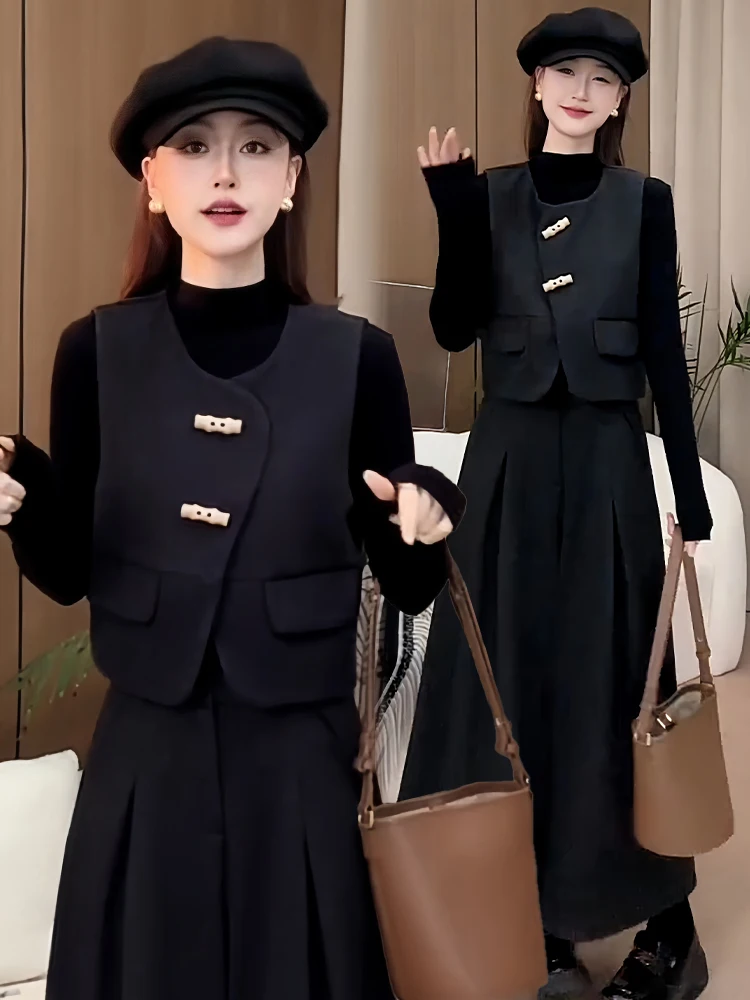 Modny koreański dwuczęściowy zestaw damski na jesień i zimę: spodnie z wysokim stanem i szerokimi nogawkami oraz kamizelka, oddychający strój na co dzień.