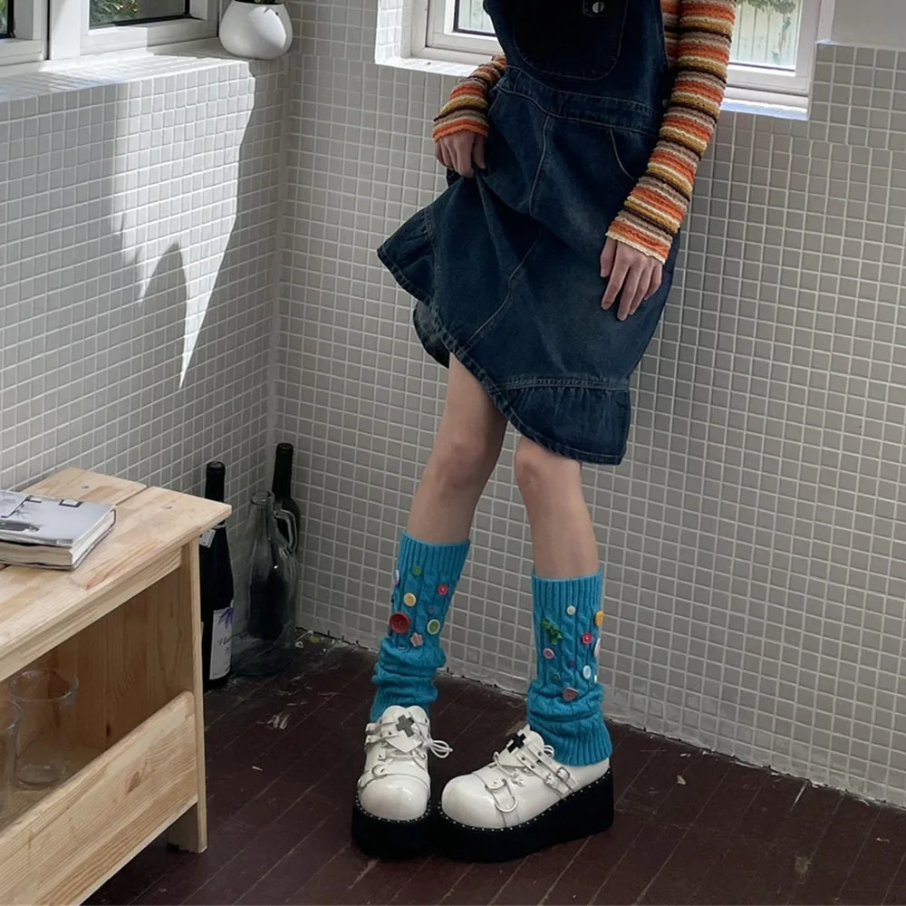 

New Keep Warm Leg Warmer Y2K Designed Spice Girl Leg Socks Button Decoration Knitted Pile Socks