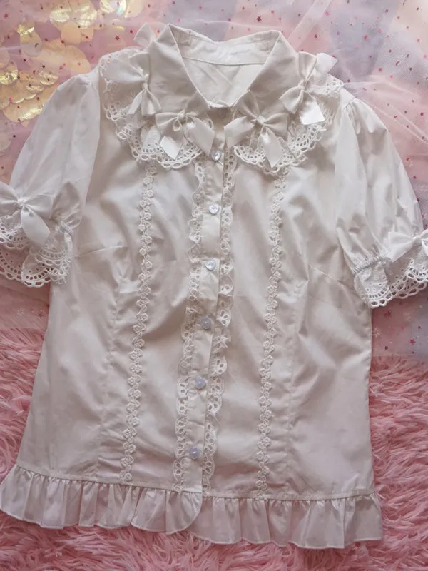 Original All-match Spring Summer Cute Lolita Cardigans Top Students Blouses Elegant Lace Short Sleeve Peter Pan Collar Shirts