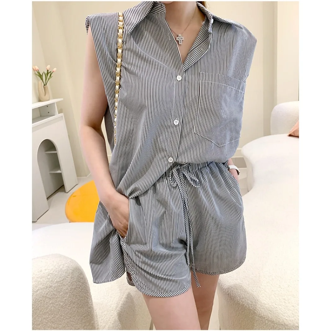 Loose Women Shirts with Elastic Waist Shorts Twin Pieces Set Sleeveless Striped Printing Boyfriend Style Summer Fashion