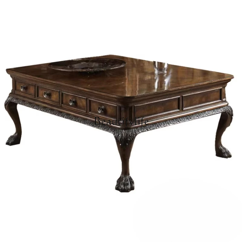 

American classical solid wood coffee table retro art carving rectangular coffee table with drawers