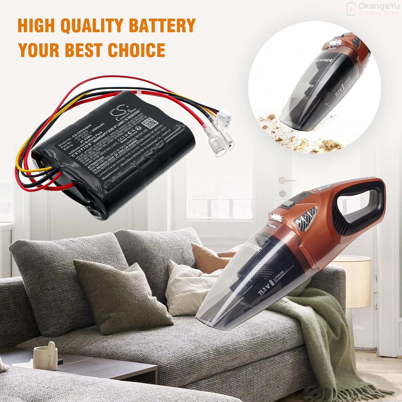 Replacement 11.1V 2500mAh Vacuum Cleaner Battery for Concept Wet and Dry VP4360 42392263