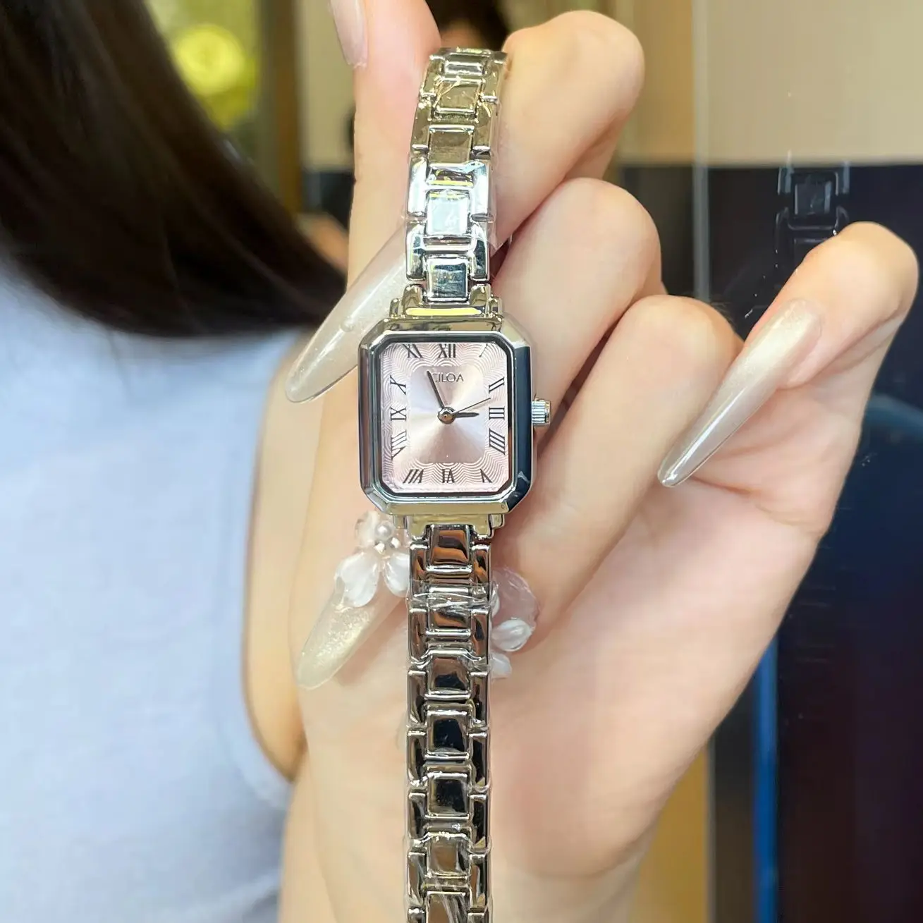 CILOA Womens Silver Small Square Watch Pink Sunburst Roman Dial Thin Stainless Steel Link Band Minimal Casual Quartz Wristwatch