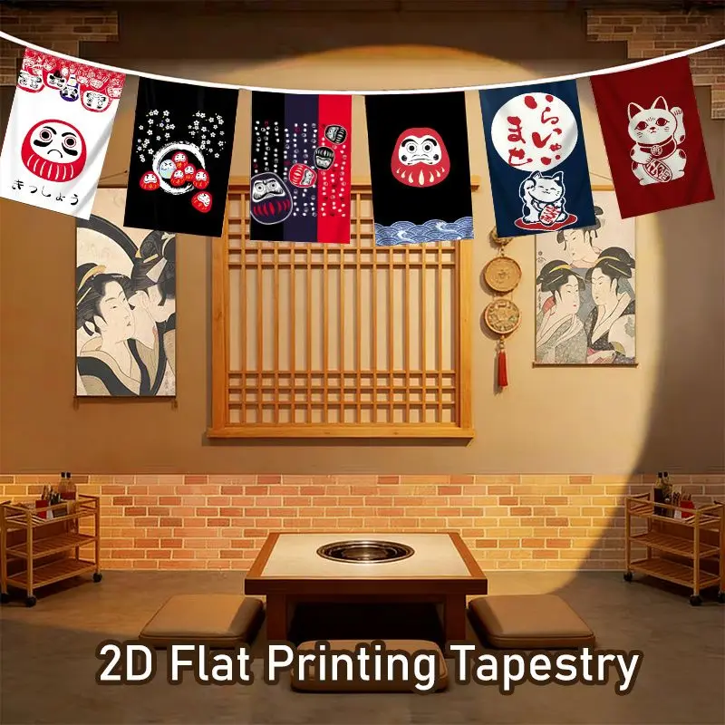 VIKAMA Daruma Lucky Cat Japanese Flags Japanese Noren Curtain for Kitchen Window Doorway Cozy Aesthetic Home Decor